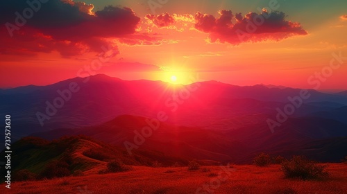 the sun setting over a mountain range with a red and blue sky in the background and clouds in the foreground. © Shanti
