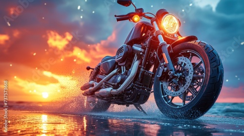 a motorcycle parked on the beach with a bright light on it's headlight and water splashing around it.
