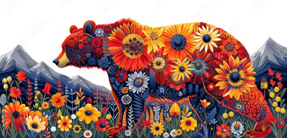 a painting of a bear standing in a field of flowers and sunflowers with mountains in the back ground.