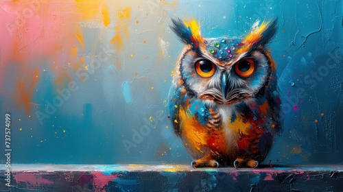 Fotografia a painting of an owl sitting on a ledge in front of a painting of an orange, yellow and blue owl
