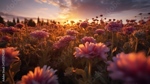 landscape view of sunset in a Chrysanthemum field