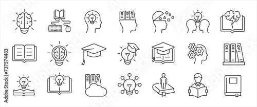 Knowledge simple minimal thin line icons. Related cognition  efficiency  genius  idea. Editable stroke. Vector illustration. 