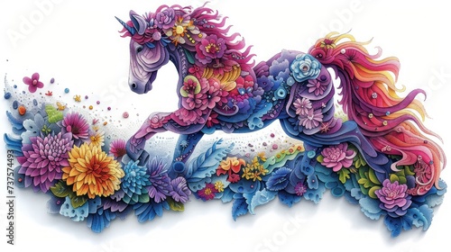 a drawing of a colorful horse with flowers on it's back legs and a mane of flowers on its back.