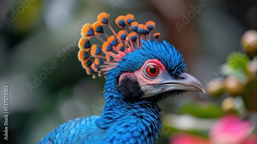 a close up of a blue bird with a flower on it's head and a tree in the background.