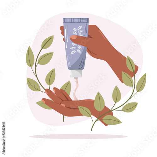Vector isolated illustration of dark-skinned hands squeezing cream from a tube. Beauty, skin care, body care, hand cream, sunscreen, cosmetic concept. 