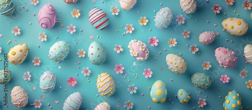 Highly decorated pastel coloured easter eggs on a pale blue background.