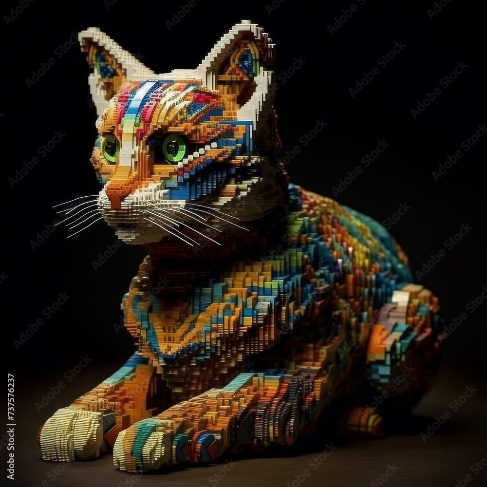 Colorful Lego Cat Sculpture with Intricate Pattern Design