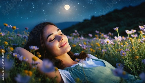 Donna distesa in un campo di fiori notturno photo