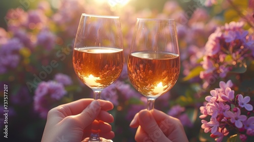 two glasses of wine being held in front of a field of purple flowers with the sun shining in the background.