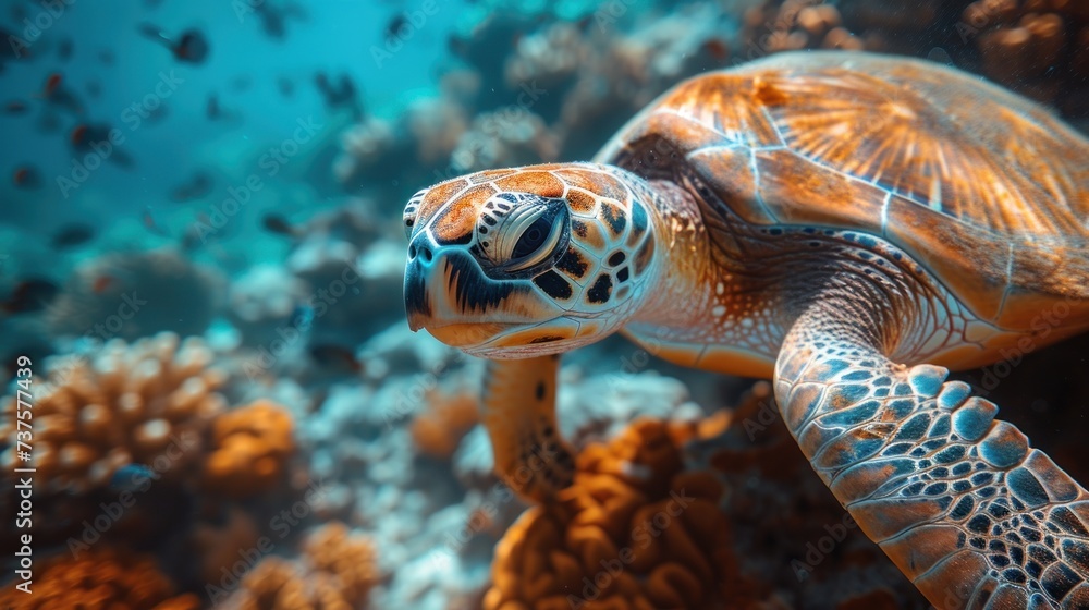 a close up of a sea turtle on a coral reef with other fish in the water in the foreground. a close up of a sea turtle on a coral reef with other fish in the water in the foreground.