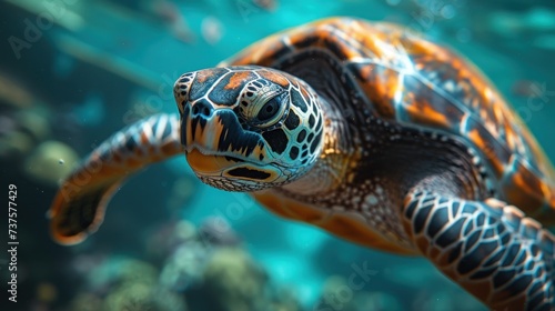 a close up of a sea turtle swimming in an aquarium with corals and other marine life in the background.