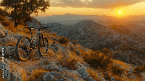 a bike parked on the side of a mountain with the sun setting in the background and a tree in the foreground.