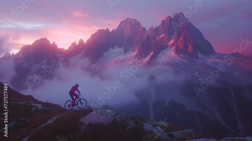 a man riding a bike up the side of a mountain in front of a foggy sky with mountains in the background.