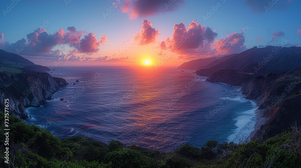 the sun is setting over the ocean with a mountain range in the foreground and a body of water in the foreground.