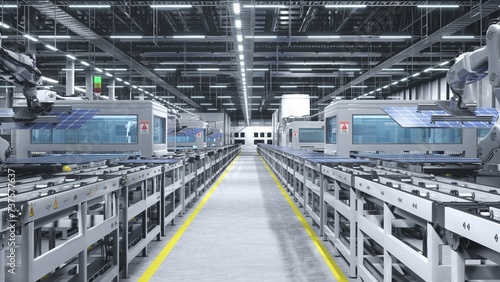 Solar panels being moved on conveyor belts during high tech production process in clean energy factory, 3D render. PV cells used to produce solar power electricity being placed on assembly lines