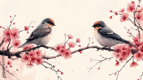 a couple of birds sitting on top of a branch of a tree with pink flowers in front of a white background. © Shanti