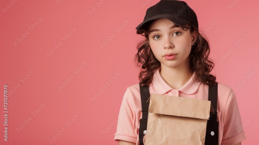 young courier looking at camera in uniform holding a paper food package generative ai young courier looking at camera in uniform holding a paper food package generative ai
