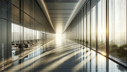 Sunlit Modern Corporate Hallway with Reflective Floors and Panoramic Windows