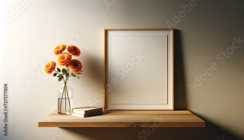 Elegant Orange Flowers in a Vase Beside a Blank Frame on a Wooden Shelf
