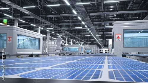 Billede på lærred Industrialized solar panel warehouse with robotic arms placing photovoltaic modules on assembly lines, 3D rendering