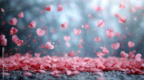 a bunch of pink hearts floating in the air with pink petals on the ground in front of a blurry background.