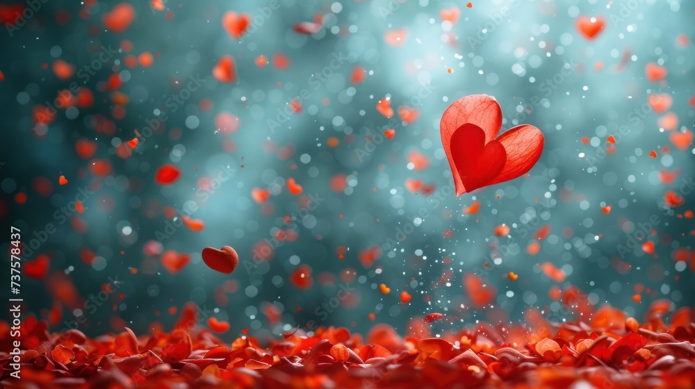 a couple of red hearts floating in the air over a bed of red petals on a green and blue background.