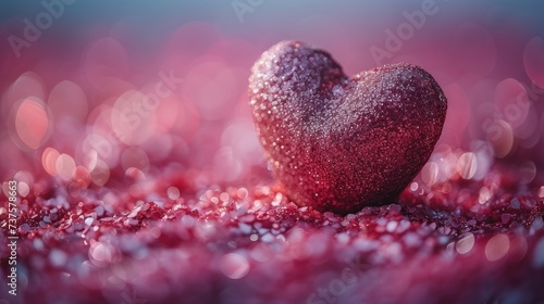 a heart shaped object sitting in the middle of a field of pink and purple sparkles on a purple background.