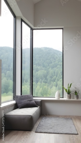 Modern home chill room interior with relax place, shelf and panoramic window © Antonio Giordano