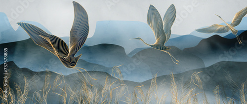 Crane birds against a background of mountains and hills in the fog. Art banner for decoration, print, poster, wallpaper, textile, interior design.