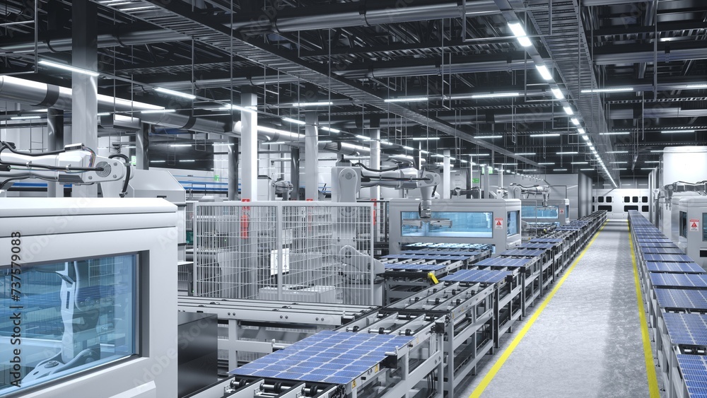 Industrial robot arms placing solar panels on large production line in modern sustainable factory. Photovoltaics being assembled on conveyor belts inside manufacturing facility, 3D render Industrial robot arms placing solar panels on large production line in modern sustainable factory. Photovoltaics being assembled on conveyor belts inside manufacturing facility, 3D render