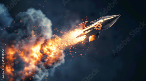 Bitcoin rocket launching with fiery boosters on dark background. Cryptocurrency growth concept