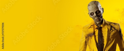 Zombie in suit against yellow backdrop symbolizes horror and humor, ideal for Halloween themes Empty left side offers copy space