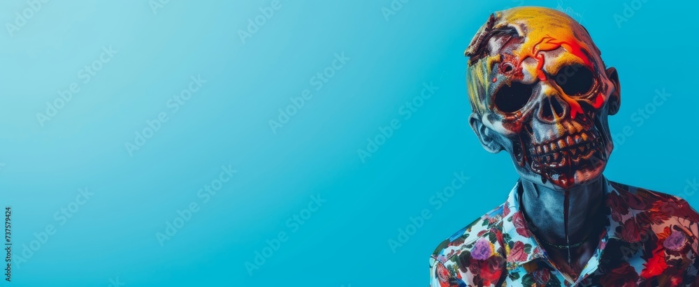 A vibrant, painted skull on a stylish floral attire contrasts with a blue backdrop, ample copy space included for text A vibrant, painted skull on a stylish floral attire contrasts with a blue backdrop, ample copy space included for text
