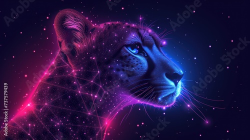 a close up of a cat's face against a background of stars and a sky filled with pink and blue lights.