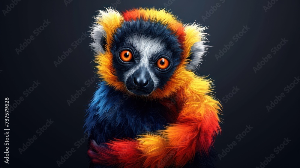 a close up of a colorful animal on a black background with an orange and yellow stripe around it's neck.