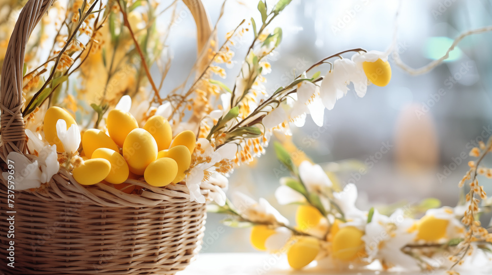 Wiosenne jasne tło na życzenia Wielkanocne. Alleluja - Wesołych świąt Wielkiej Nocy. Jajka, kwiaty i inne wiosenne dekoracje. - obrazy, fototapety, plakaty 