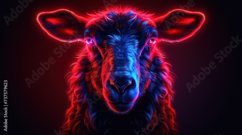 a close up of a sheep's face with red and blue light coming out of it's eyes.
