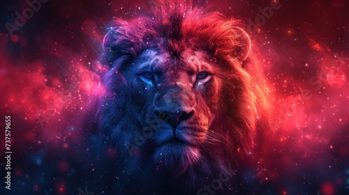 a close up of a lion s face in front of a red and blue background with a lot of stars.