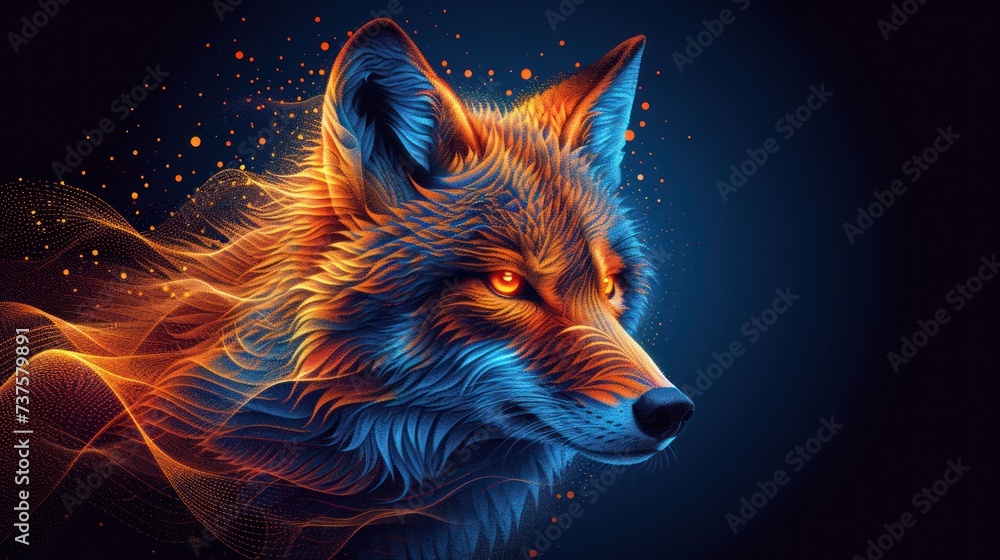 a close up of a wolf's head on a black background with a blue and orange swirl around it. a close up of a wolf's head on a black background with a blue and orange swirl around it.