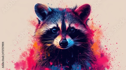 a close up of a raccoon's face with red and blue paint splatters on it.