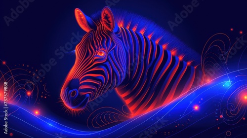 a digital painting of a zebra s head in red  blue  and purple colors on a dark background.