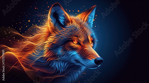 a close up of a wolf's head on a black background with a blue and orange swirl around it. © Shanti