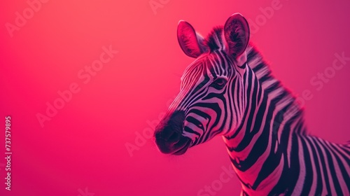 a close up of a zebra s head on a pink and red background with a black and white stripe.