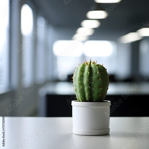 Cactus against gray office background, cactus in focus, office work