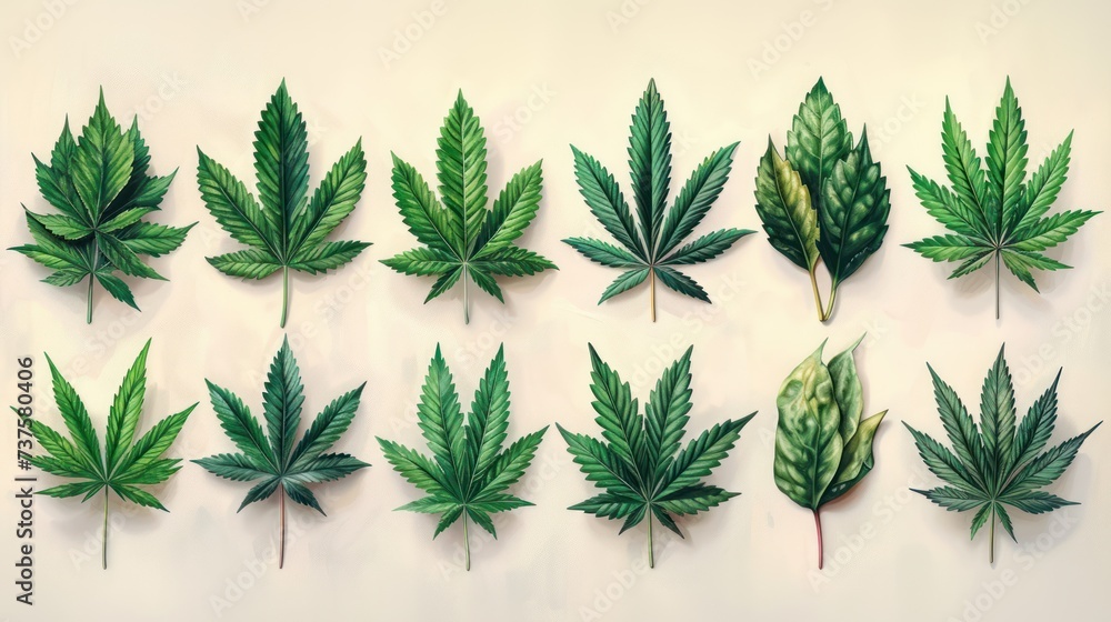 a bunch of green leaves sitting on top of each other on top of a white wall next to each other. a bunch of green leaves sitting on top of each other on top of a white wall next to each other.
