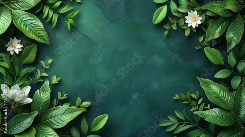a green leafy background with white flowers and green leaves on a dark green background with a place for a text.