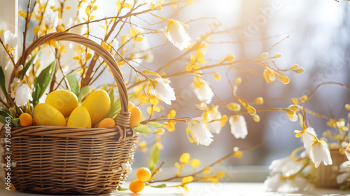 Wiosenne jasne tło na życzenia Wielkanocne. Alleluja - Wesołych świąt Wielkiej Nocy. Jajka, kwiaty i inne wiosenne dekoracje. © yeseyes9