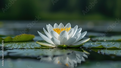 a white water lily sitting on top of a green leaf covered pond with water droplets on it's surface.