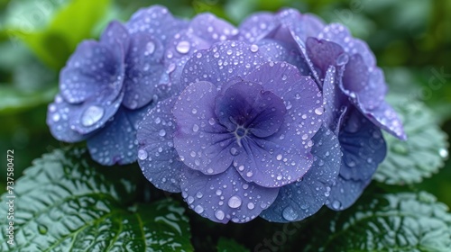a close up of a purple flower with water droplets on it's petals and green leaves with water droplets on it's petals.