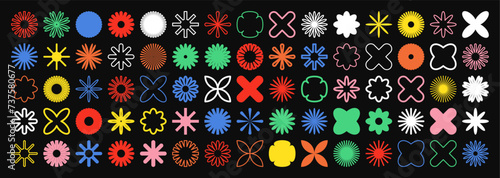 Brutalist geometric shapes, symbols. Simple primitive elements and forms, icons. Retro design, trendy contemporary minimalist style, y2k. Vector illustration.